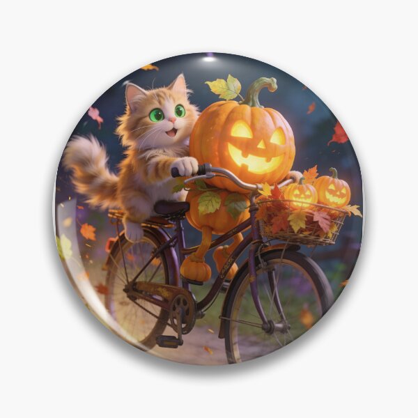 Item preview, Cute Ginger Cat Riding a Bicycle with Glowing Halloween Pumpkin Through Autumn Night designed and sold by OksArtStudio.