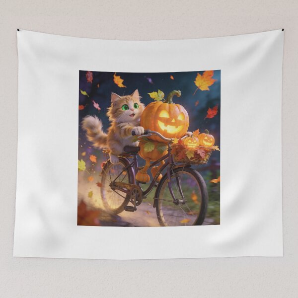 Item preview, Cute Ginger Cat Riding a Bicycle with Glowing Halloween Pumpkin Through Autumn Night designed and sold by OksArtStudio.