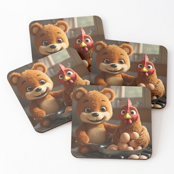 Item preview, Cute Teddy Bear Cooking Eggs with Startled Chicken designed and sold by Small-Cute-Bear.