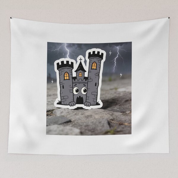 Item preview, Cute Scared Gray Castle in a Thunderstorm – Funny Kawaii Halloween Sticker designed and sold by OksArtStudio.