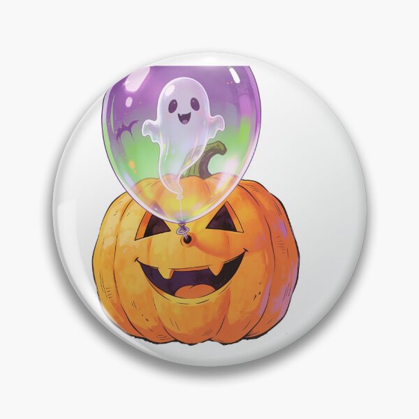 Item preview, Cute Ghost Balloon Floating Above a Smiling Halloween Pumpkin Kawaii Cartoon designed and sold by OksArtStudio.