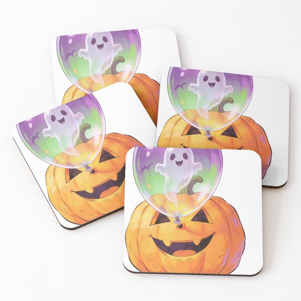 Item preview, Cute Ghost Balloon Floating Above a Smiling Halloween Pumpkin Kawaii Cartoon designed and sold by OksArtStudio.