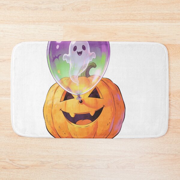 Item preview, Cute Ghost Balloon Floating Above a Smiling Halloween Pumpkin Kawaii Cartoon designed and sold by OksArtStudio.