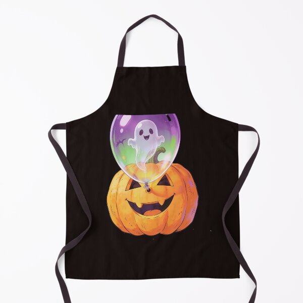 Item preview, Cute Ghost Balloon Floating Above a Smiling Halloween Pumpkin Kawaii Cartoon designed and sold by OksArtStudio.