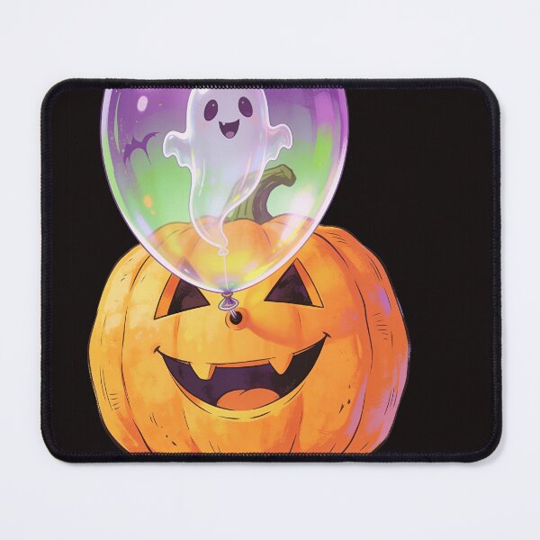Item preview, Cute Ghost Balloon Floating Above a Smiling Halloween Pumpkin Kawaii Cartoon designed and sold by OksArtStudio.