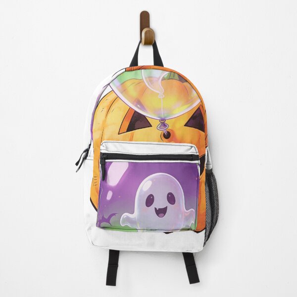 Item preview, Cute Ghost Balloon Floating Above a Smiling Halloween Pumpkin Kawaii Cartoon designed and sold by OksArtStudio.