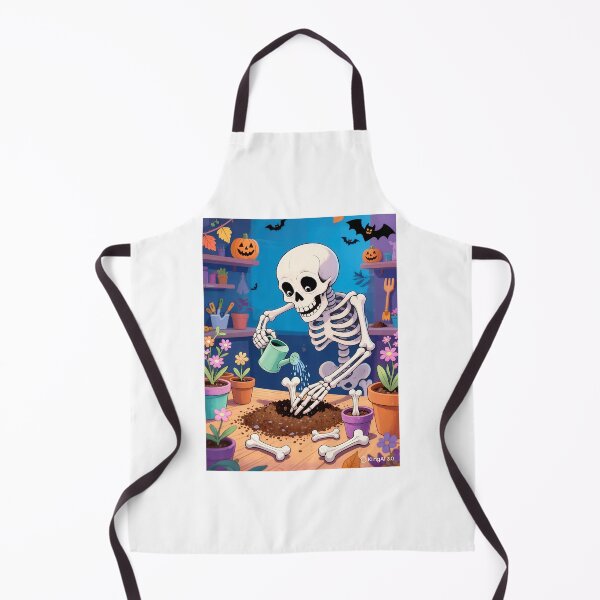 Item preview, Cute Skeleton Watering Flowers in a Spooky Halloween Garden Cartoon designed and sold by OksArtStudio.