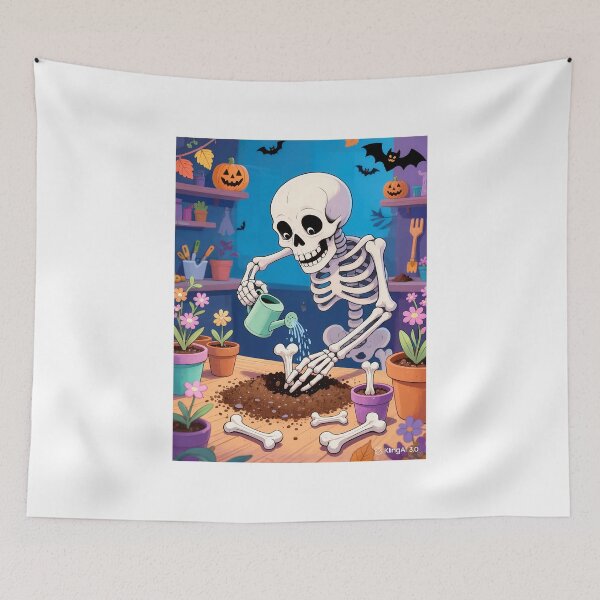 Item preview, Cute Skeleton Watering Flowers in a Spooky Halloween Garden Cartoon designed and sold by OksArtStudio.
