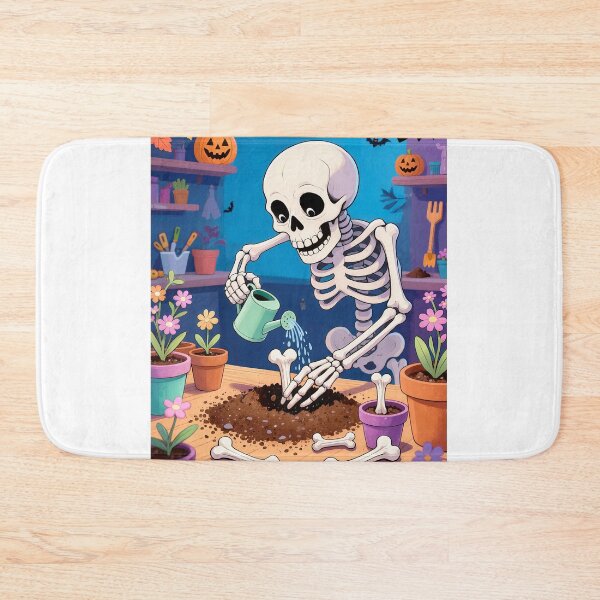 Item preview, Cute Skeleton Watering Flowers in a Spooky Halloween Garden Cartoon designed and sold by OksArtStudio.
