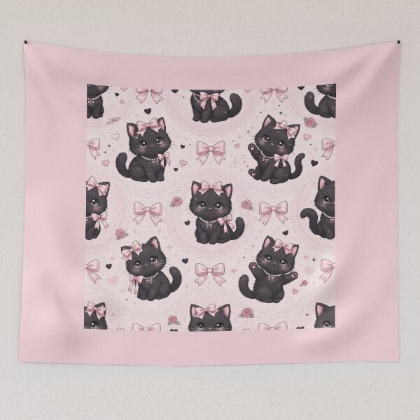 Item preview, Cute Kawaii Pink Black Cat Pattern designed and sold by KelliesGrafix.