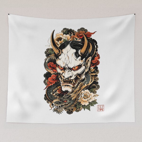 Item preview, Hannya Mask with Japanese Dragon | Traditional Yokai Tattoo Art designed and sold by kaxymax.