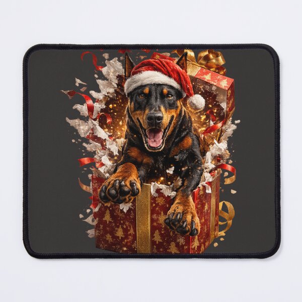 Item preview, Christmas Doberman Jumping Out of Gift Box | Cute Santa Dog | 3D Holiday Illustration designed and sold by Golden Era Studio.