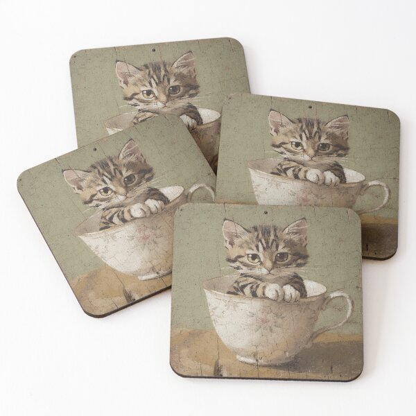 Item preview, Wide-Eyed Tabby Kitten in a Teacup Folk Art designed and sold by PictorialWhimsy.