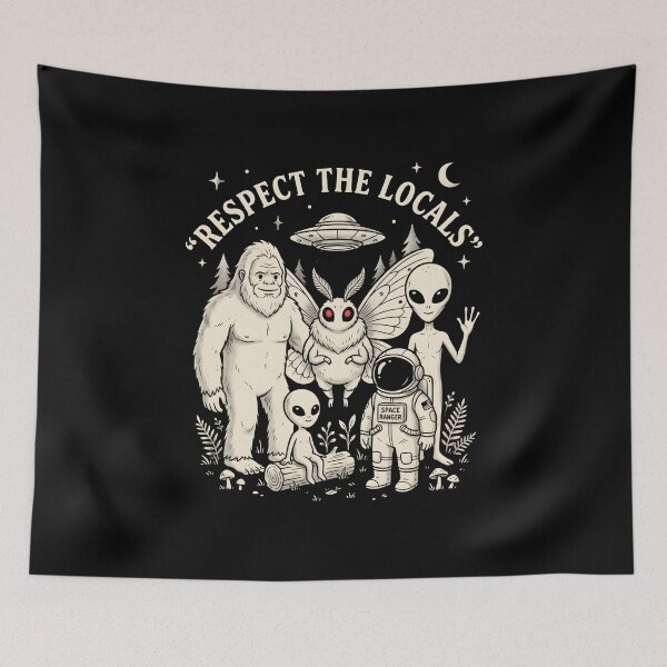 Item preview, Respect The Locals Vintage Cryptid Alien Stamps Bigfoot Mothman UFO T-Shirt | Retro Camping Graphic Gift designed and sold by Trendably.
