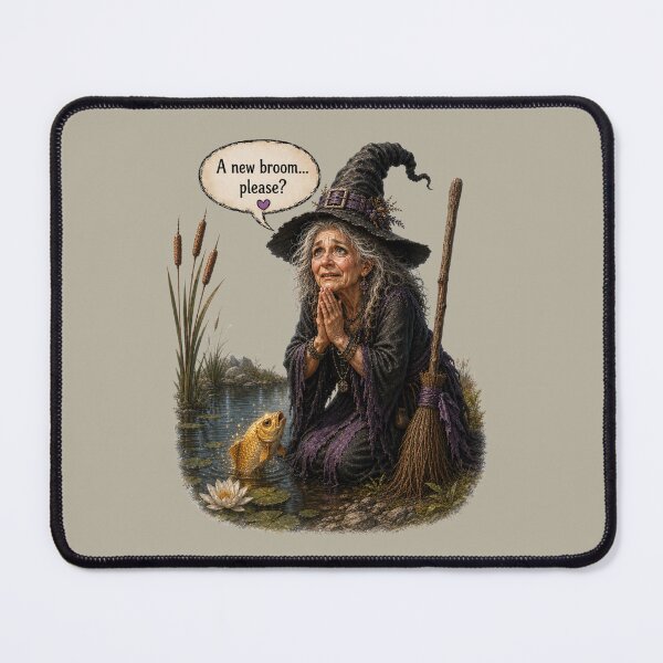 Item preview, A New Broom Please Funny Witch and Goldfish Vintage Fantasy Design designed and sold by Alpine-Ink.