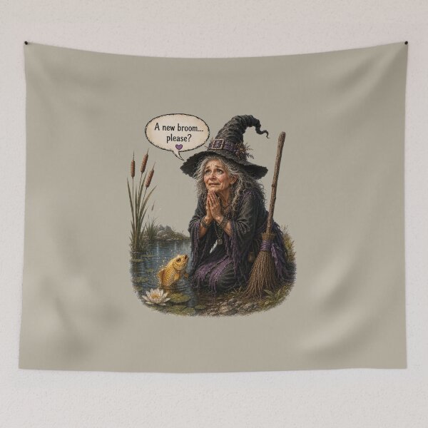 Item preview, A New Broom Please Funny Witch and Goldfish Vintage Fantasy Design designed and sold by Alpine-Ink.