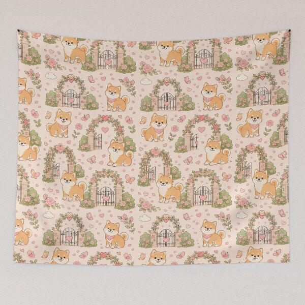 Item preview, Shiba Inu Heart Garden Gate Pattern designed and sold by Soft Berry Studio.