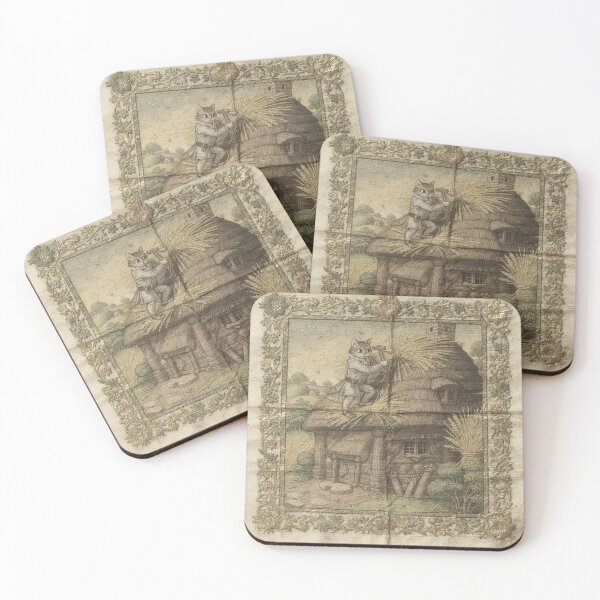 Item preview, Medieval Cat Thatcher Roofing a Cottage in Straw Manuscript Art designed and sold by PictorialWhimsy.