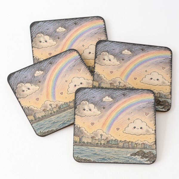Item preview, Whimsical Coastal Cityscape: Kawaii Clouds & Rainbow Dreams designed and sold by 63Hotpeppers.