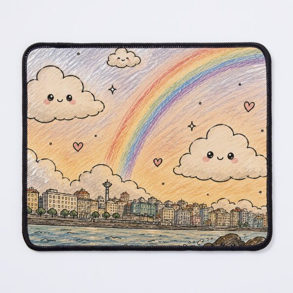 Item preview, Whimsical Coastal Cityscape: Kawaii Clouds & Rainbow Dreams designed and sold by 63Hotpeppers.
