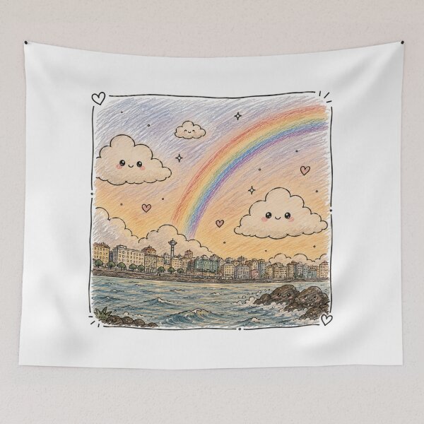 Item preview, Whimsical Coastal Cityscape: Kawaii Clouds & Rainbow Dreams designed and sold by 63Hotpeppers.