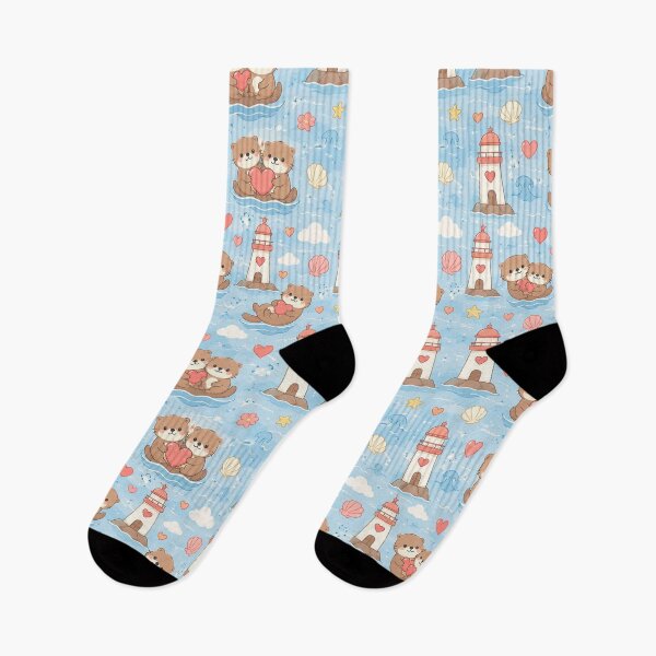 Item preview, Otter Love Lighthouse Kawaii Pattern designed and sold by Soft Berry Studio.