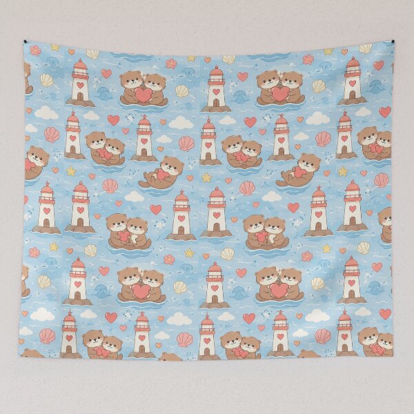 Item preview, Otter Love Lighthouse Kawaii Pattern designed and sold by Soft Berry Studio.