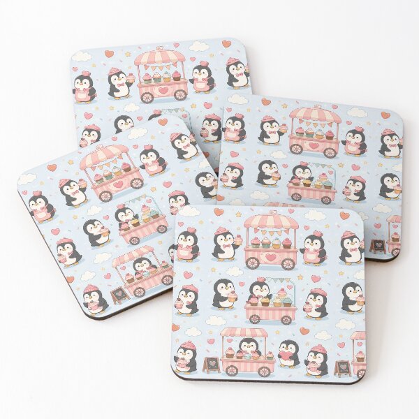 Item preview, Penguin Heart Cupcake Cart Kawaii Pattern designed and sold by Soft Berry Studio.