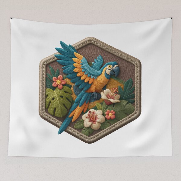 Item preview, Colorful parrot made with thread in a tropical setting with plants and flowers designed and sold by CreativeLarysa.