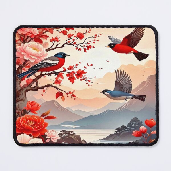 Item preview, Symphony of Scarlet Wings | Chinoiserie Three Birds designed and sold by CottageArtistry.