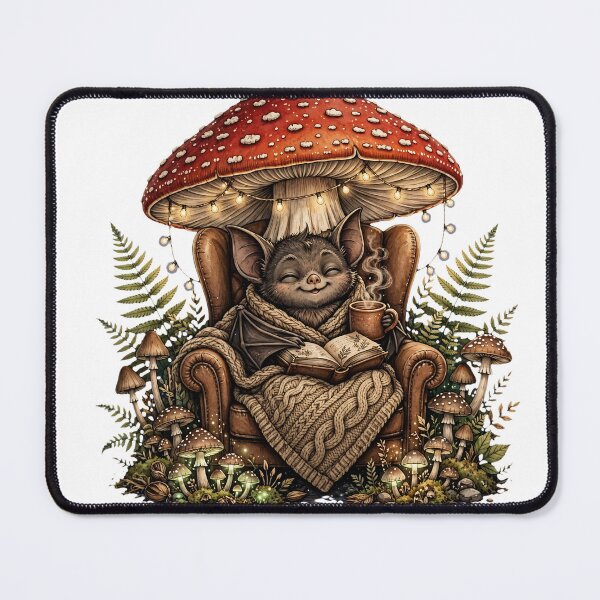Item preview, Cozy Bat Reading Under Mushroom - Hygge Forest Cottagecore Goblincore designed and sold by Neurospicy Trolls.