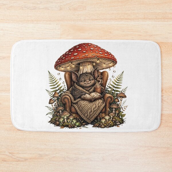 Item preview, Cozy Bat Reading Under Mushroom - Hygge Forest Cottagecore Goblincore designed and sold by Neurospicy Trolls.