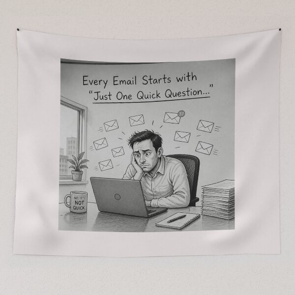 Item preview, Every email starts with "Just one quick question..." designed and sold by CinemaChronik.