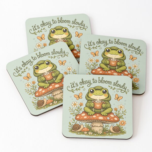 Item preview, It's Okay to Bloom Slowly Cute Frog Motivational Quote Cozy Cottagecore Mushroom Vector Sticker Design designed and sold by MAD's Recreation Studio.