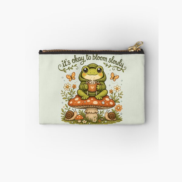 Item preview, It's Okay to Bloom Slowly Cute Frog Motivational Quote  Cozy Cottagecore Mushroom Vector Sticker Design designed and sold by  MAD's Recreation Studio.
