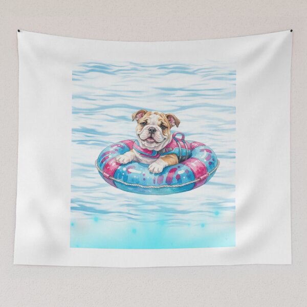 Item preview, Cute English Bulldog Puppy Floating in Blue and Fuchsia Pool Float  designed and sold by VibranPalette.