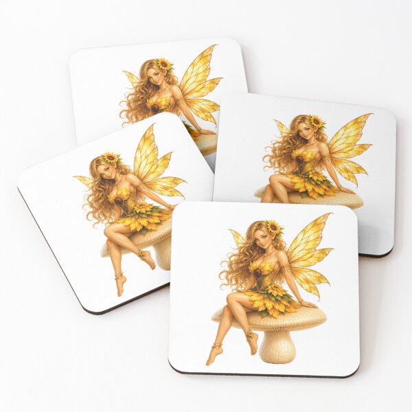 Item preview, Sunflower Fairy Sitting on Mushroom Golden Floral Fantasy Fairy Art designed and sold by RoPrincess.