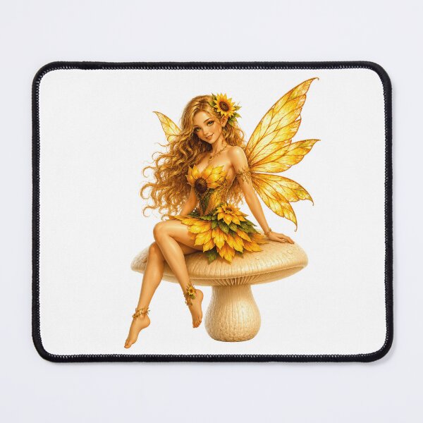 Item preview, Sunflower Fairy Sitting on Mushroom Golden Floral Fantasy Fairy Art designed and sold by RoPrincess.