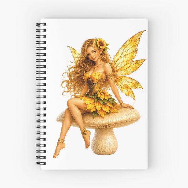Item preview, Sunflower Fairy Sitting on Mushroom Golden Floral Fantasy Fairy Art designed and sold by RoPrincess.