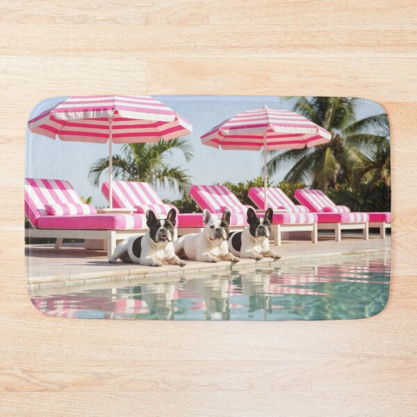 Item preview, French Bulldog Poolside Photography Luxury Summer Vacation Tropical Resort Lifestyle Pink Cabana Design Coastal Escape Gift For Dog Lover designed and sold by Kzara Visual.