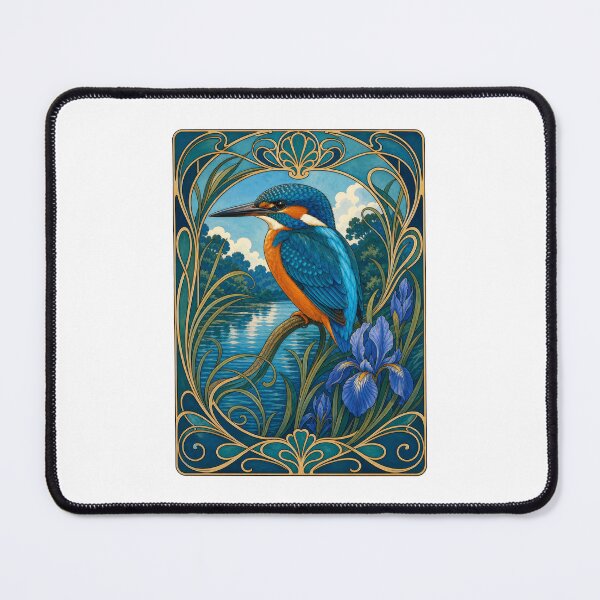 Item preview, Kingfisher Bird Art Nouveau Iris Flower designed and sold by AntiqueImages.