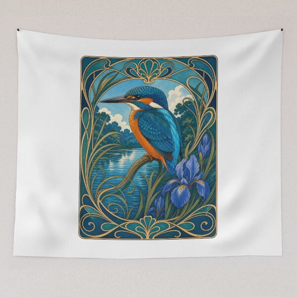 Item preview, Kingfisher Bird Art Nouveau Iris Flower designed and sold by AntiqueImages.