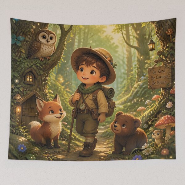 Item preview, Boy Explorer in Magical Forest with Woodland Friends designed and sold by Lucia Amaris Art.