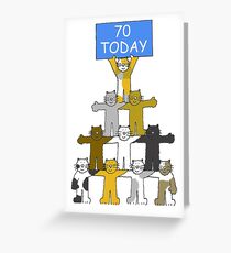 Alles Gute zum 70. Geburtstag, Karikatur-Katzen, die ein Zeichen halten. Grußkarte