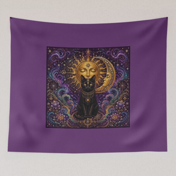 Item preview, Mystical Black Cat, Celestial Sun and Moon, Boho Art designed and sold by Natalia-Vlad.