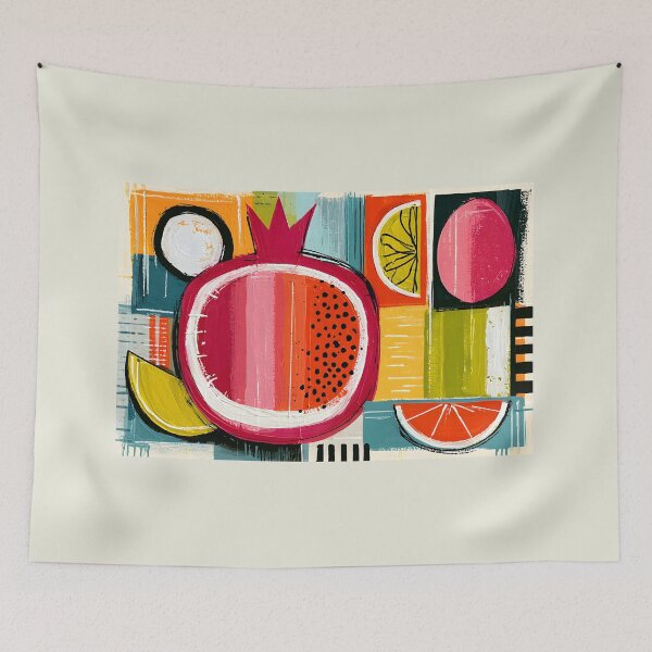 Item preview, Abstract Harvest of Pomegranate and Citrus Fruits in Bold Geometric Modern Kitchen Wall Art designed and sold by OlfactoART Studio.
