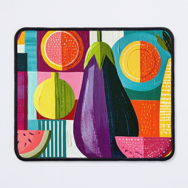 Item preview, Colorful Market Harvest Featuring Watermelon Eggplant and Pineapple in Bold Geometric Kitchen Wall A designed and sold by OlfactoART Studio.