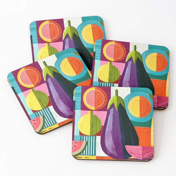Item preview, Colorful Market Harvest Featuring Watermelon Eggplant and Pineapple in Bold Geometric Kitchen Wall A designed and sold by OlfactoART Studio.