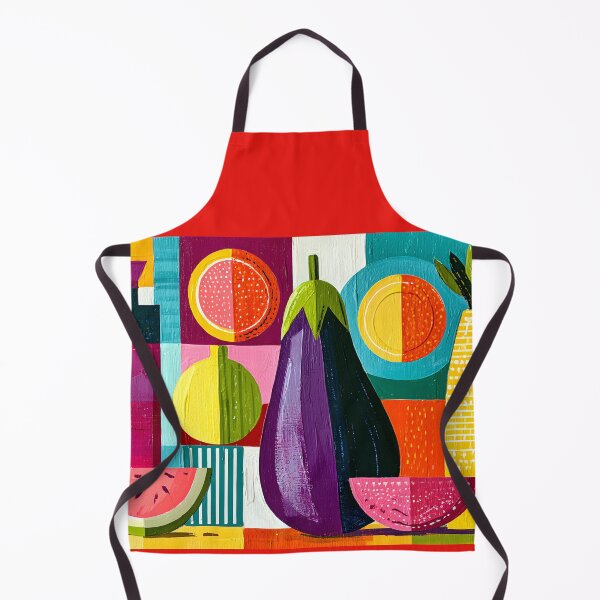 Item preview, Colorful Market Harvest Featuring Watermelon Eggplant and Pineapple in Bold Geometric Kitchen Wall A designed and sold by OlfactoART Studio.