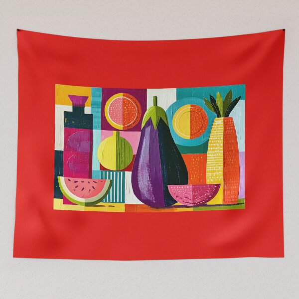 Item preview, Colorful Market Harvest Featuring Watermelon Eggplant and Pineapple in Bold Geometric Kitchen Wall A designed and sold by OlfactoART Studio.